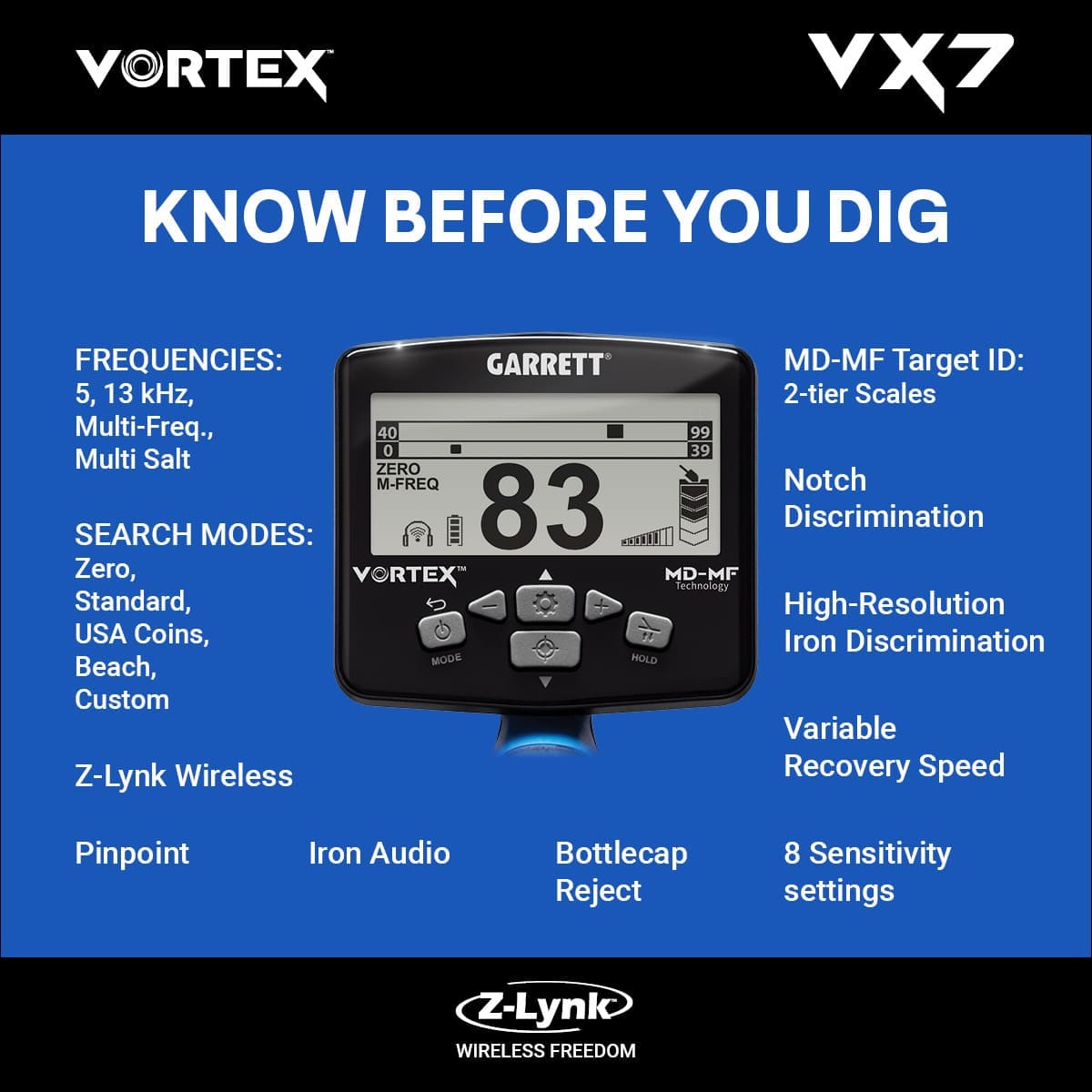 Malatya Garrett Vortex VX7 Dedektör - VX7 hedef ID ekranı, iki katmanlı MD-MF okuma ile demir ve iletken hedefleri ayırmaya yardım eder.